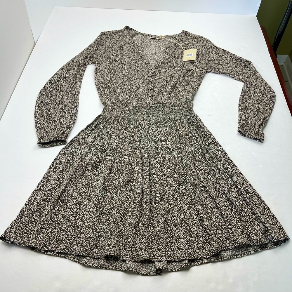 Faherty Montara Mini‎ Dress Brown Small Long Sleeve Smock Waist Leaf Batik NEW
